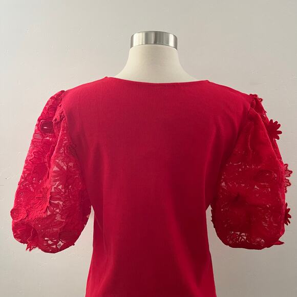 Anthropologie Dolan Puff Sleeve Top Ribbed Lace Floral Appliqué Red Large NWOT - Picture 10 of 10